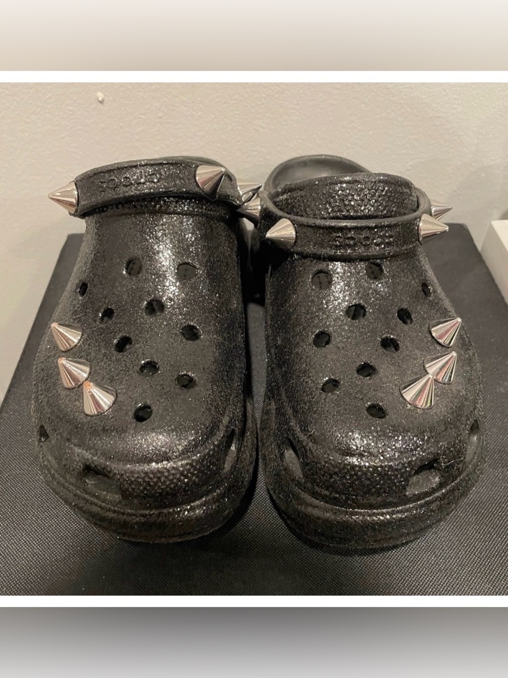 Glitter Studded Bae Crocs black grey silver women’s 5US